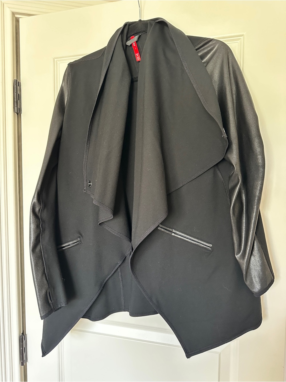 SPANX Black Draped Open-Front Jacket with Faux-Leather Sleeves